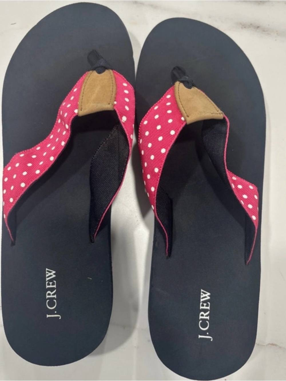 J. Crew Pink Polka Dot Strap Flip Flop Sandals with Tan Accents